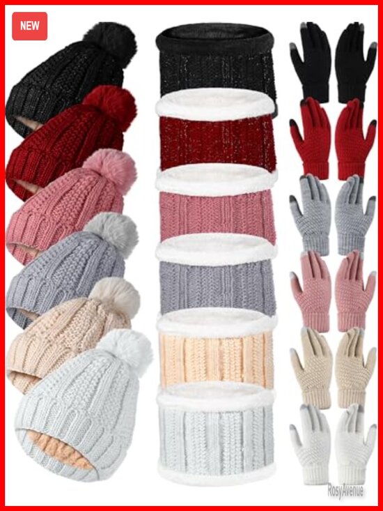 18 Pcs Winter Beanie Hat Scarf Gloves Set - Fleece Lined Knit with Pompom main image 5